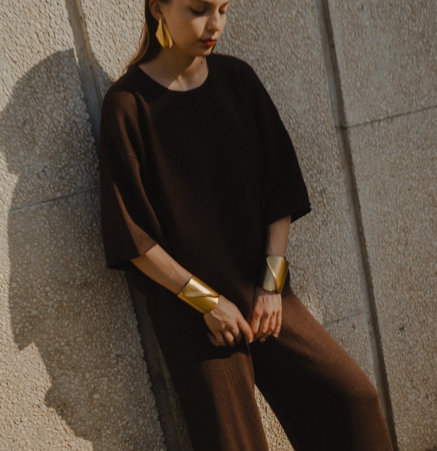 Model wearing Oversized Sweater in Multi-Color Yellow