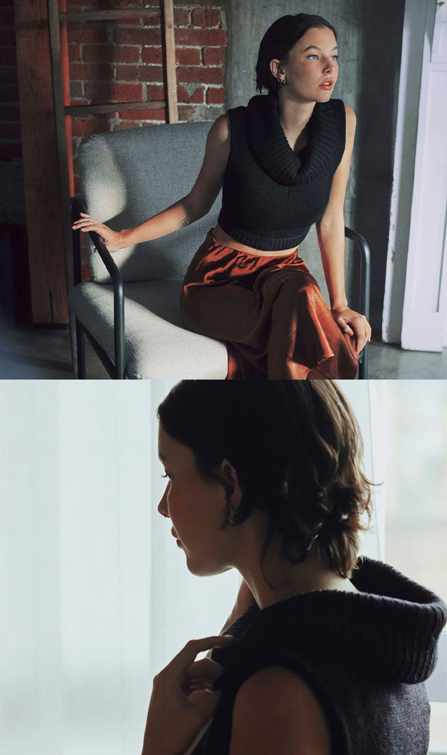 Model wearing luxury baby alpaca crop top sweater in black