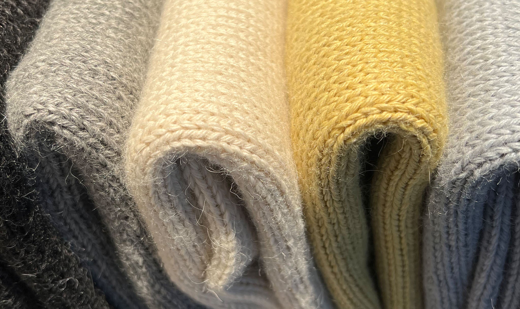 Baby alpaca wool, luxury knit sweaters in white, yellow & grey