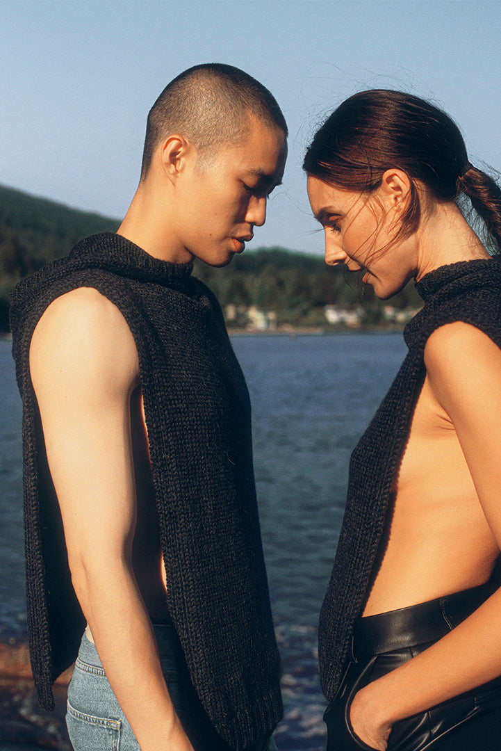 Models wearing baby alpaca sweater ponchos, luxury knitwear, gender fluid fair trade