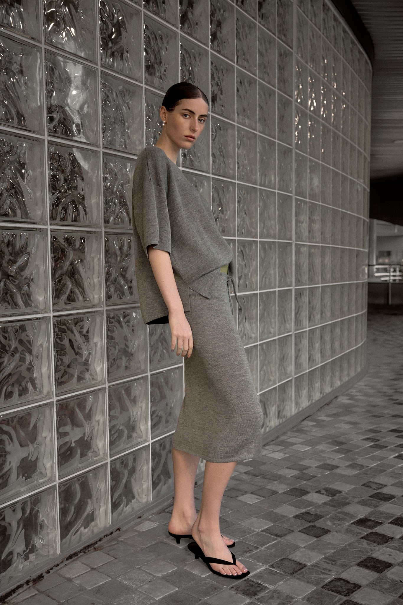 The Royal Elise Midi Skirt in Mist Grey