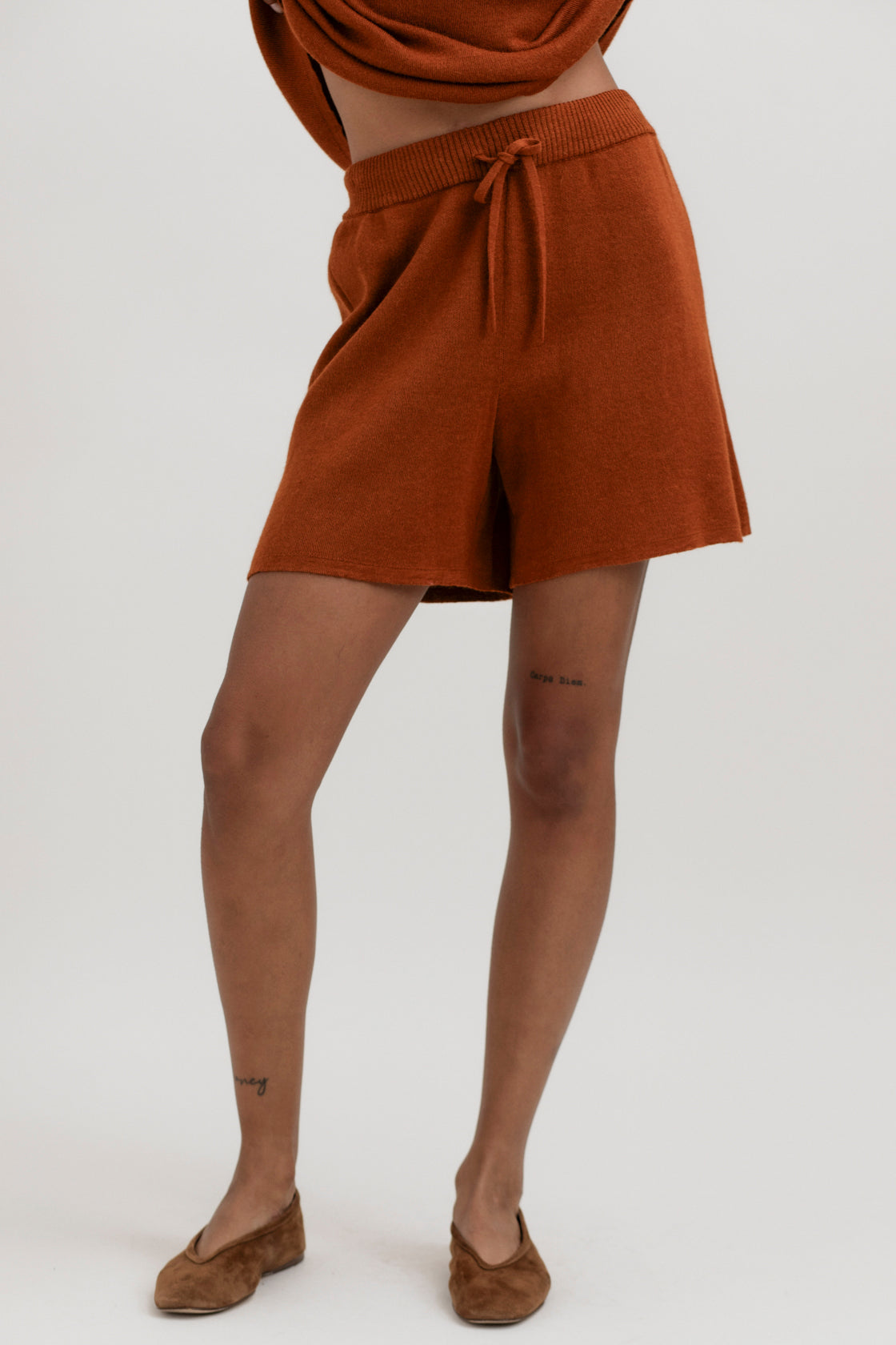 Airy Shorts in Burnt Orange, alpaca and silk knit shorts by Ahblo, worn by model