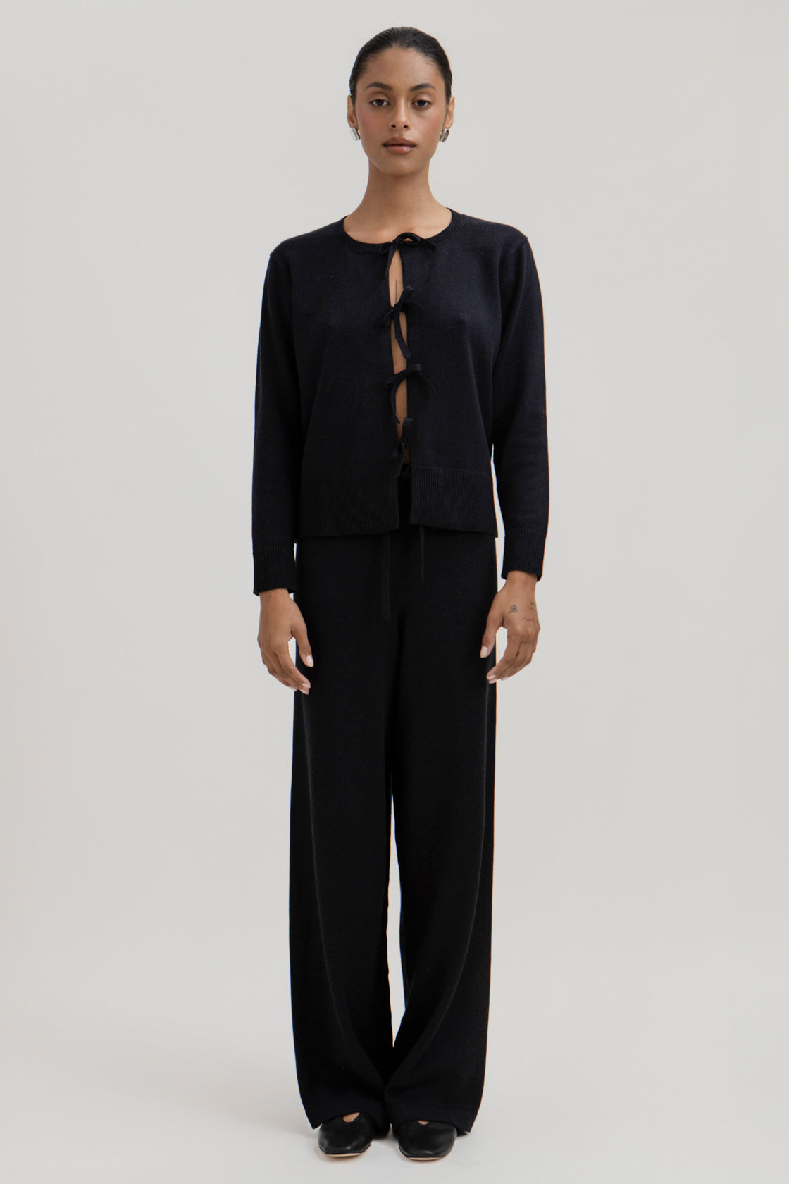 Alba Pants in Black, cotton and baby alpaca wide-leg pants by Ahblo, worn by model