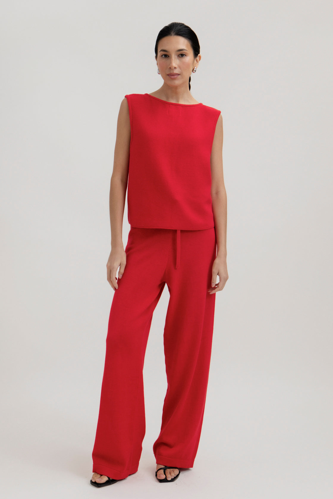 Alba Pants in Cerise, cotton and baby alpaca wide-leg pants by Ahblo, worn by model