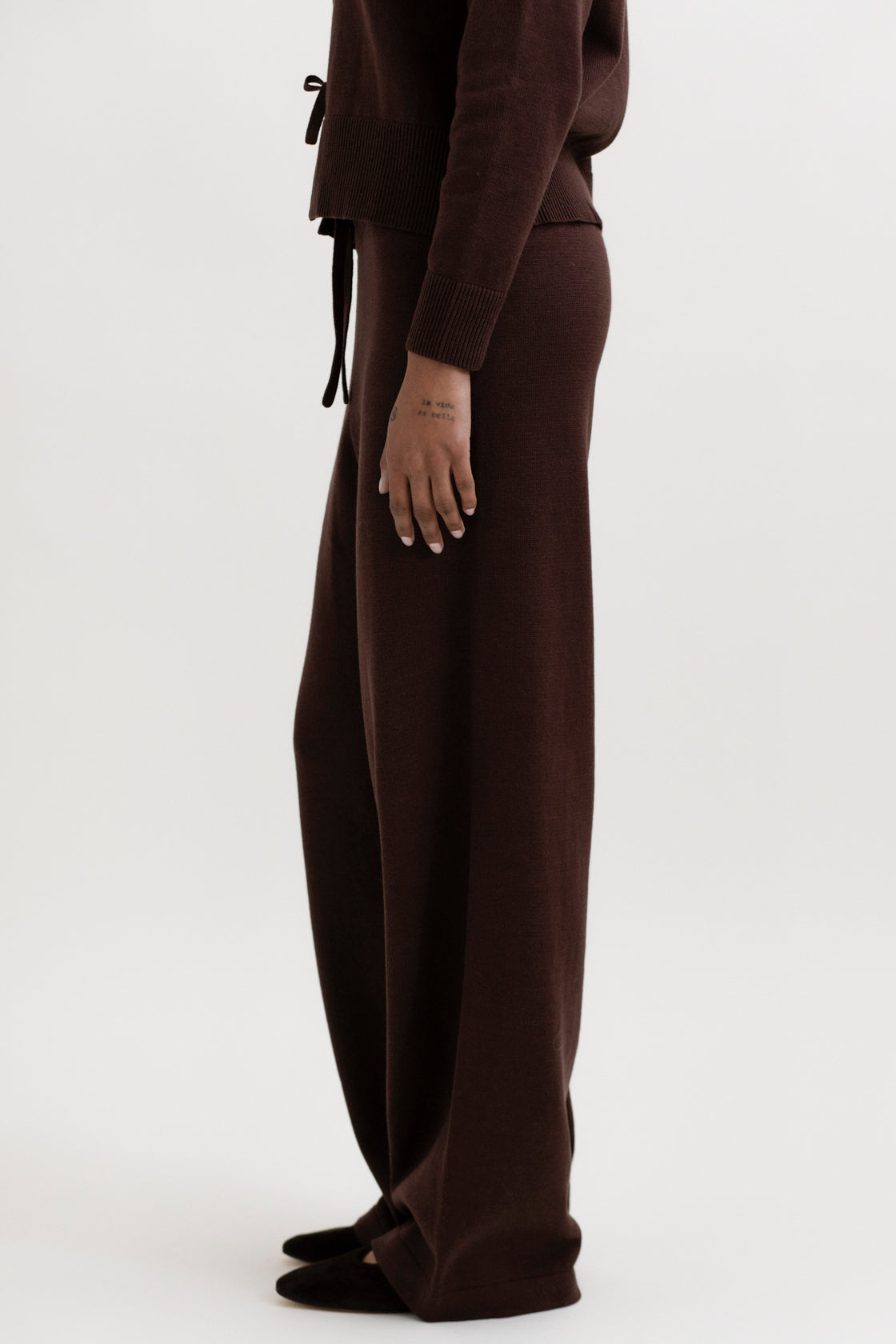 Alba Pants in Chocolate Brown, cotton and baby alpaca wide-leg pants by Ahblo, worn by model