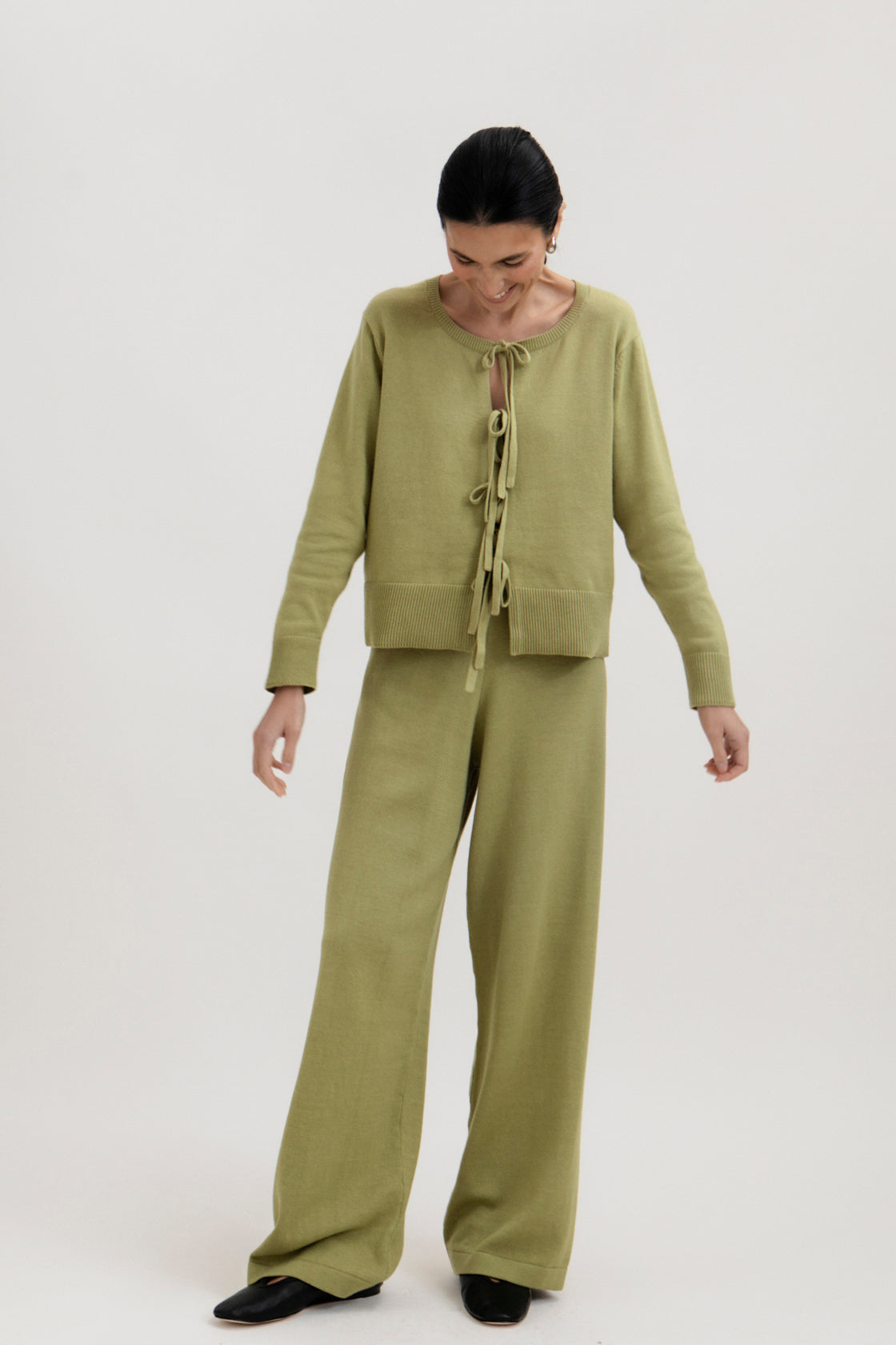 Alba Pants in Olive, cotton and baby alpaca wide-leg pants by Ahblo, worn by model