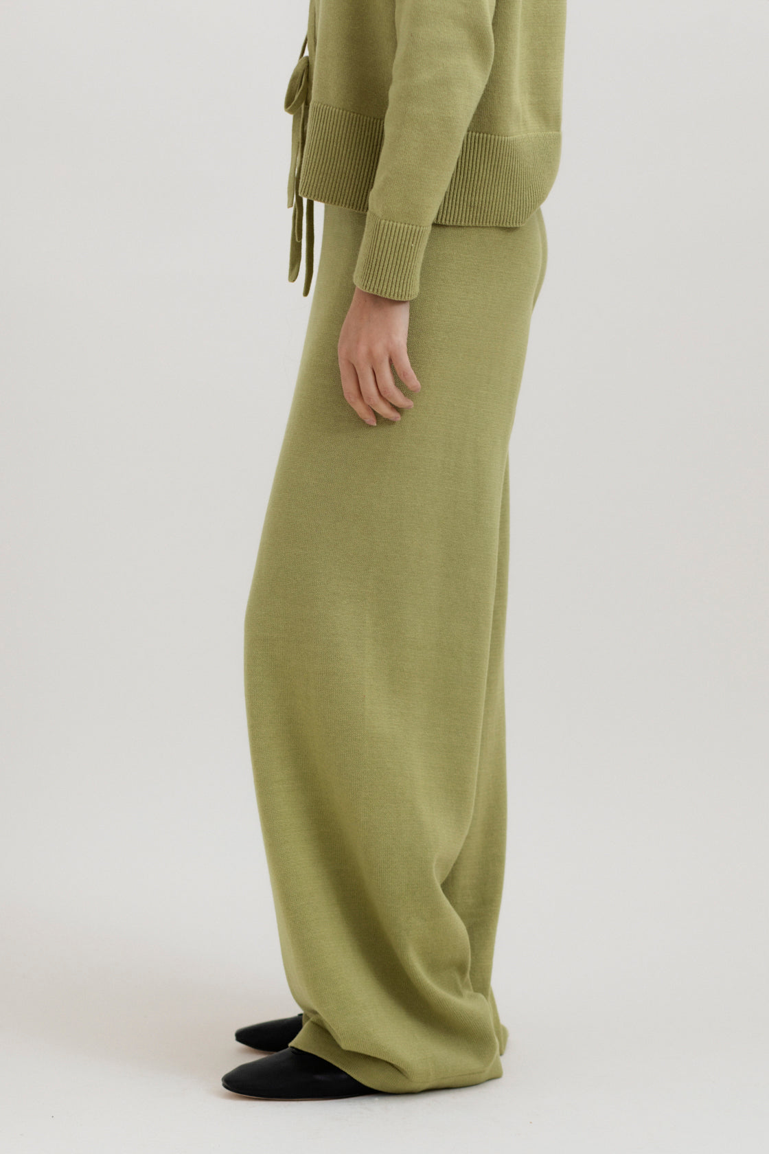 Alba Pants in Olive, cotton and baby alpaca wide-leg pants by Ahblo, worn by model