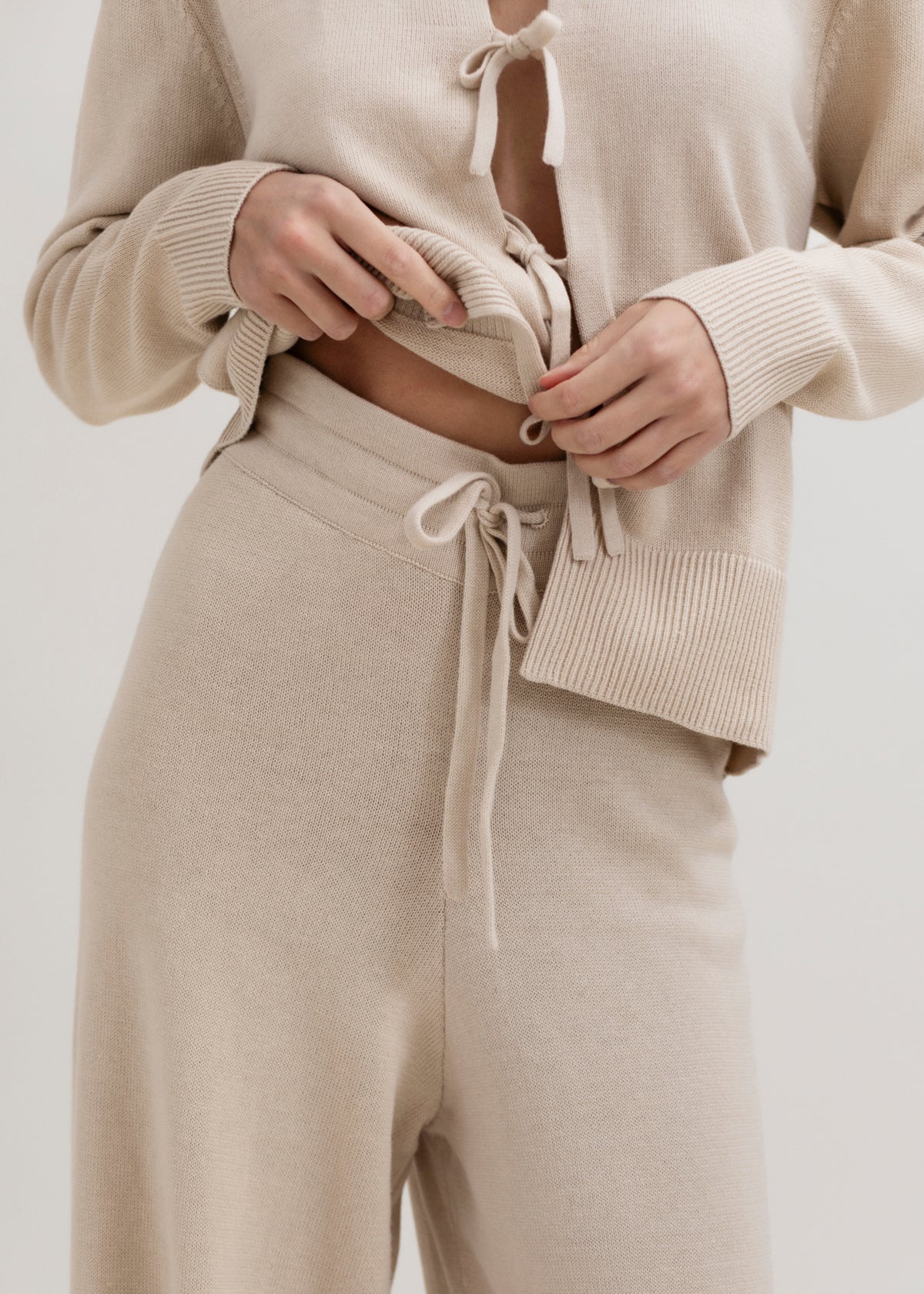 Alba Pants in Praline, cotton and baby alpaca wide-leg pants by Ahblo, worn by model
