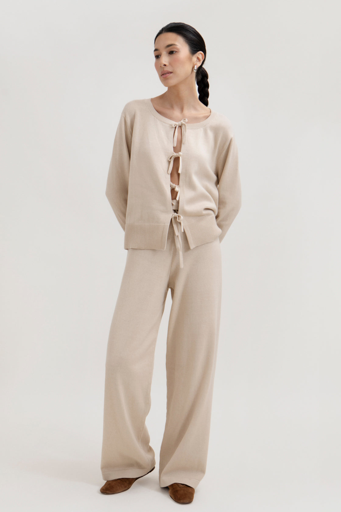 Alba Pants in Praline, cotton and baby alpaca wide-leg pants by Ahblo, worn by model