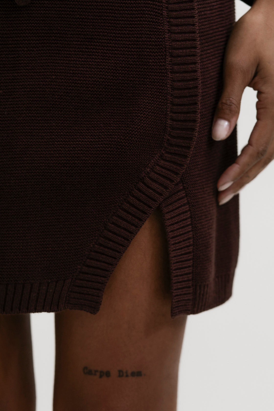 Alin Mini Skirt in Chocolate Brown, cotton and baby alpaca mini skirt by Ahblo, worn by model