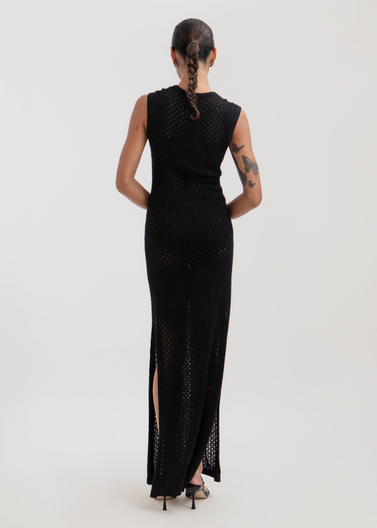 Aurora Dress in Black, baby alpaca knit maxi dress by Ahblo, worn by model