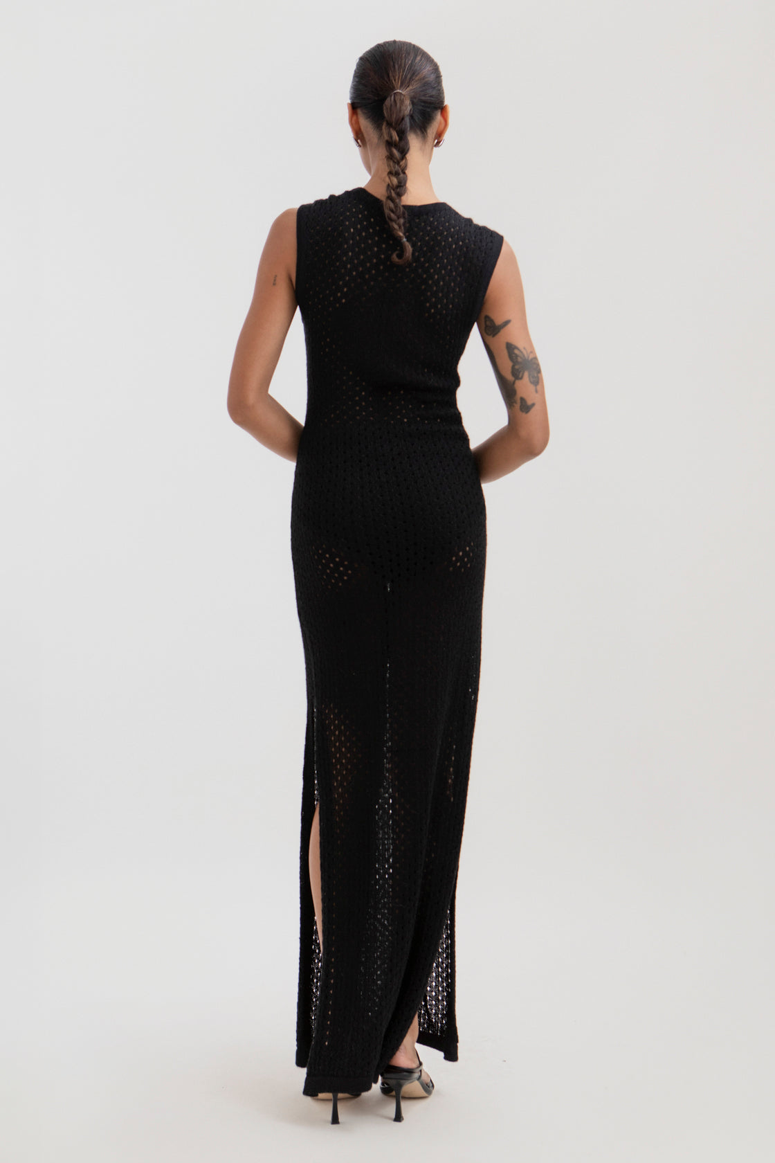 Aurora Dress in Black, baby alpaca knit maxi dress by Ahblo, worn by model