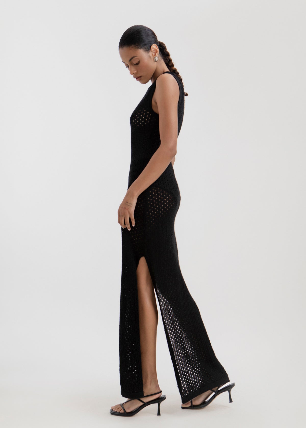 Aurora Dress in Black, baby alpaca knit maxi dress by Ahblo, worn by model