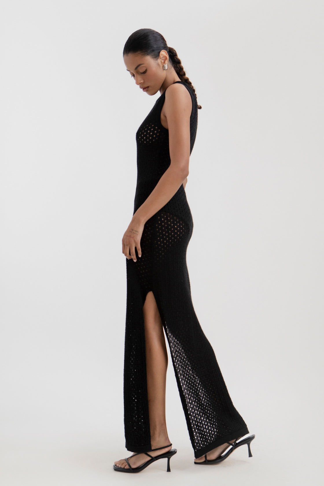 Aurora Dress in Black, baby alpaca knit maxi dress by Ahblo, worn by model