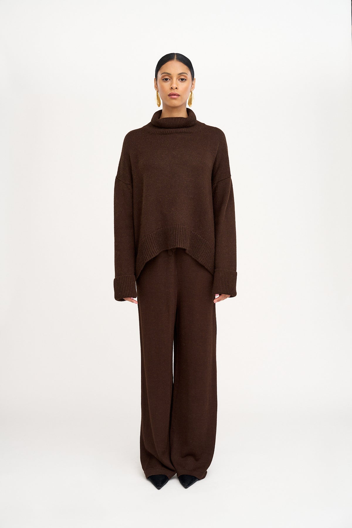 Avery Trousers in Chocolate Brown, baby alpaca wide-leg knit trousers by Ahblo, front view