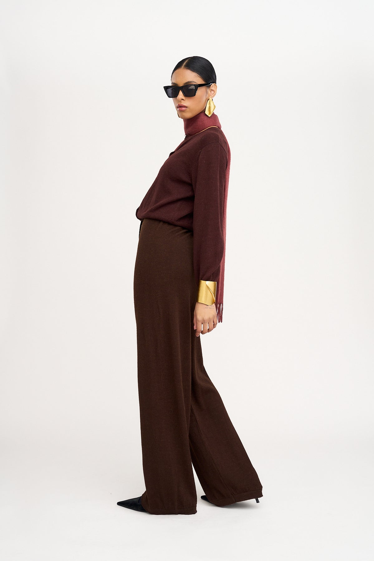 Avery Trousers in Chocolate Brown, baby alpaca wide-leg knit trousers by Ahblo, side view