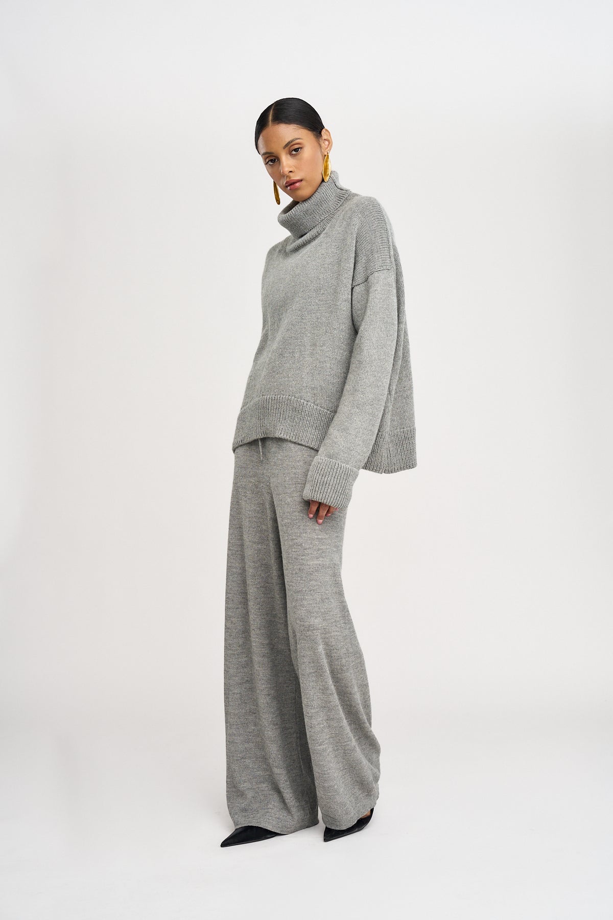 Avery Trousers in Mist Grey, baby alpaca wide-leg knit trousers by Ahblo, side view