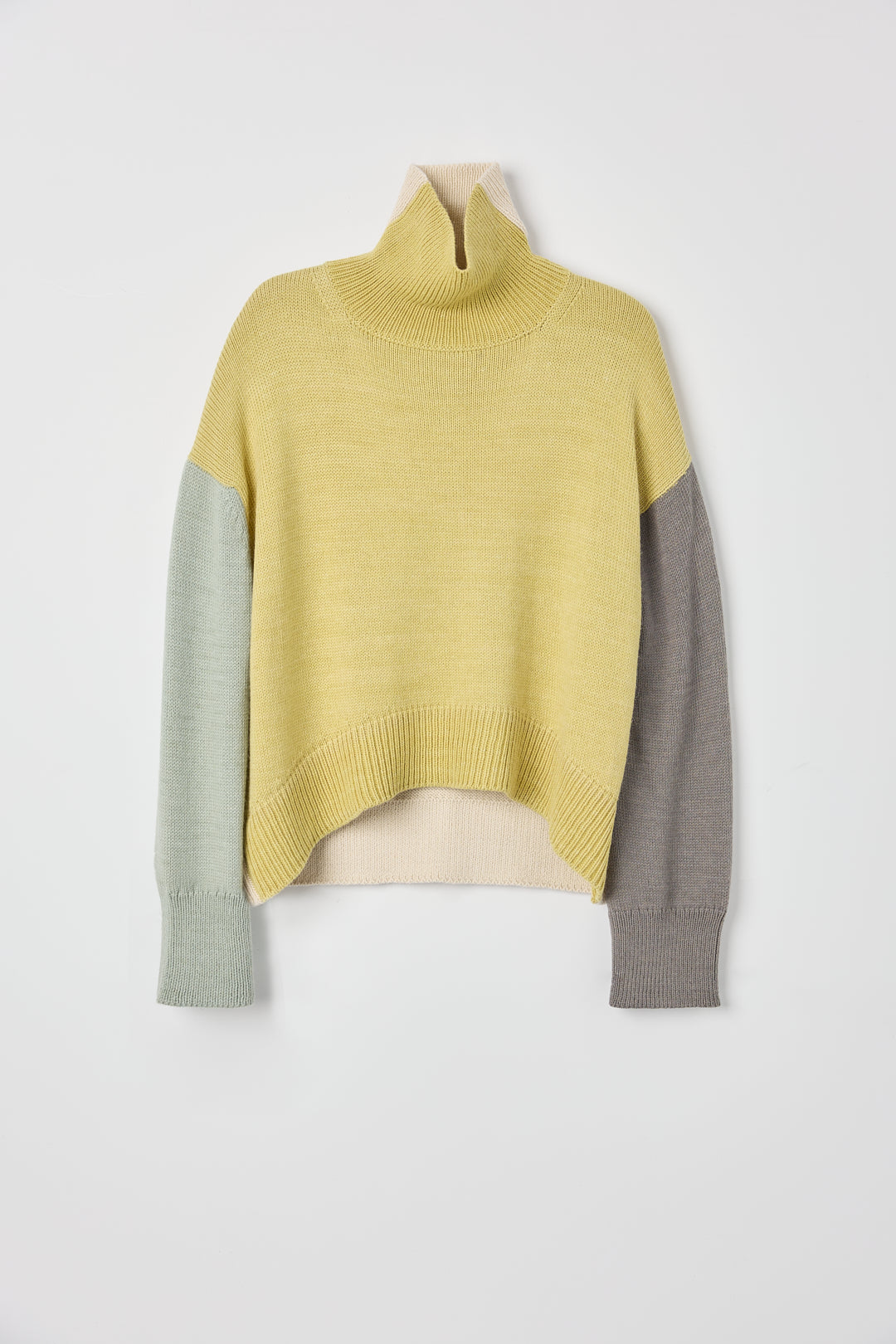 Cedar Colorblock Sweater in Buttercream Mix, oversized baby alpaca colorblock turtleneck sweater by Ahblo, flat lay