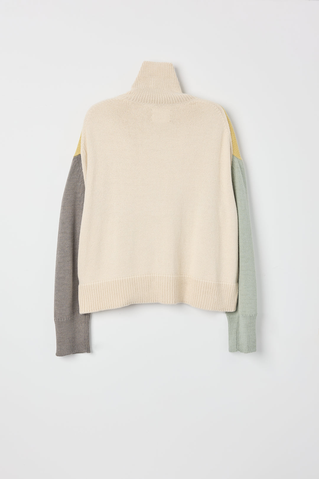 Cedar Colorblock Sweater in Buttercream Mix, oversized baby alpaca colorblock turtleneck sweater by Ahblo, flat lay