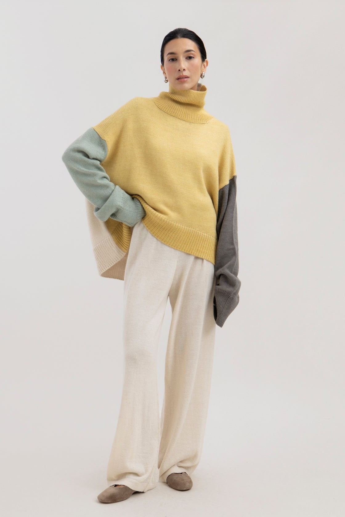 Cedar Colorblock Sweater in Buttercream Mix, oversized baby alpaca colorblock turtleneck sweater by Ahblo, worn by model
