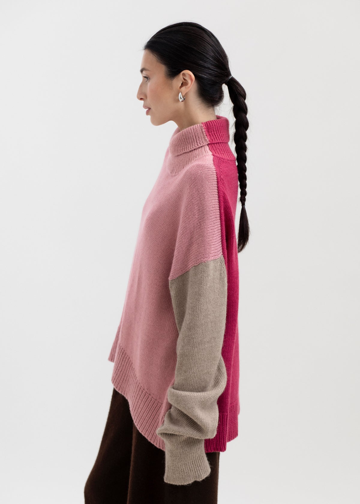 Cedar Colorblock Sweater in Soft Blush Mix, oversized baby alpaca colorblock turtleneck sweater by Ahblo, worn by model
