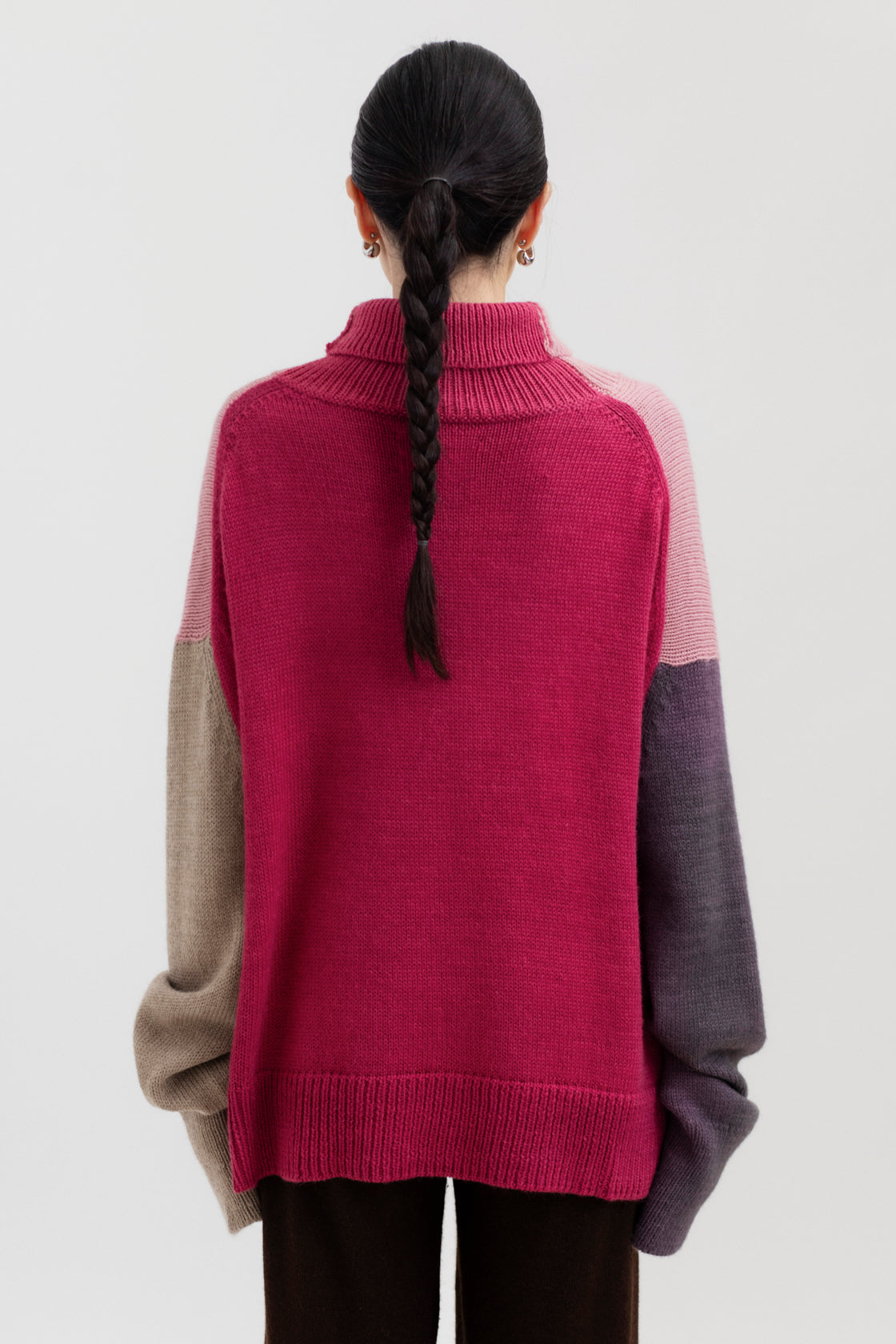 Cedar Colorblock Sweater in Soft Blush Mix, oversized baby alpaca colorblock turtleneck sweater by Ahblo, worn by model
