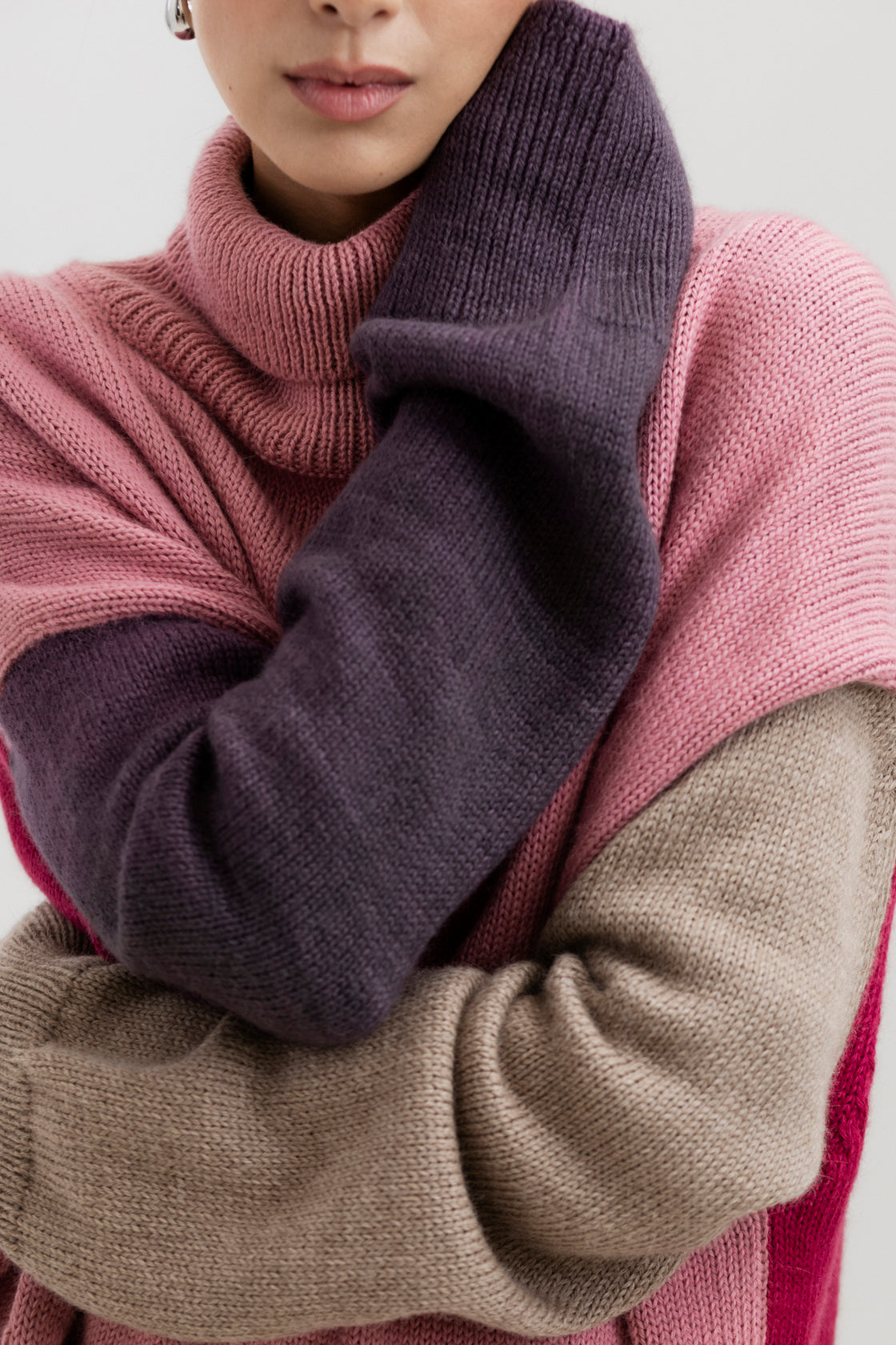 Cedar Colorblock Sweater in Soft Blush Mix, oversized baby alpaca colorblock turtleneck sweater by Ahblo, worn by model