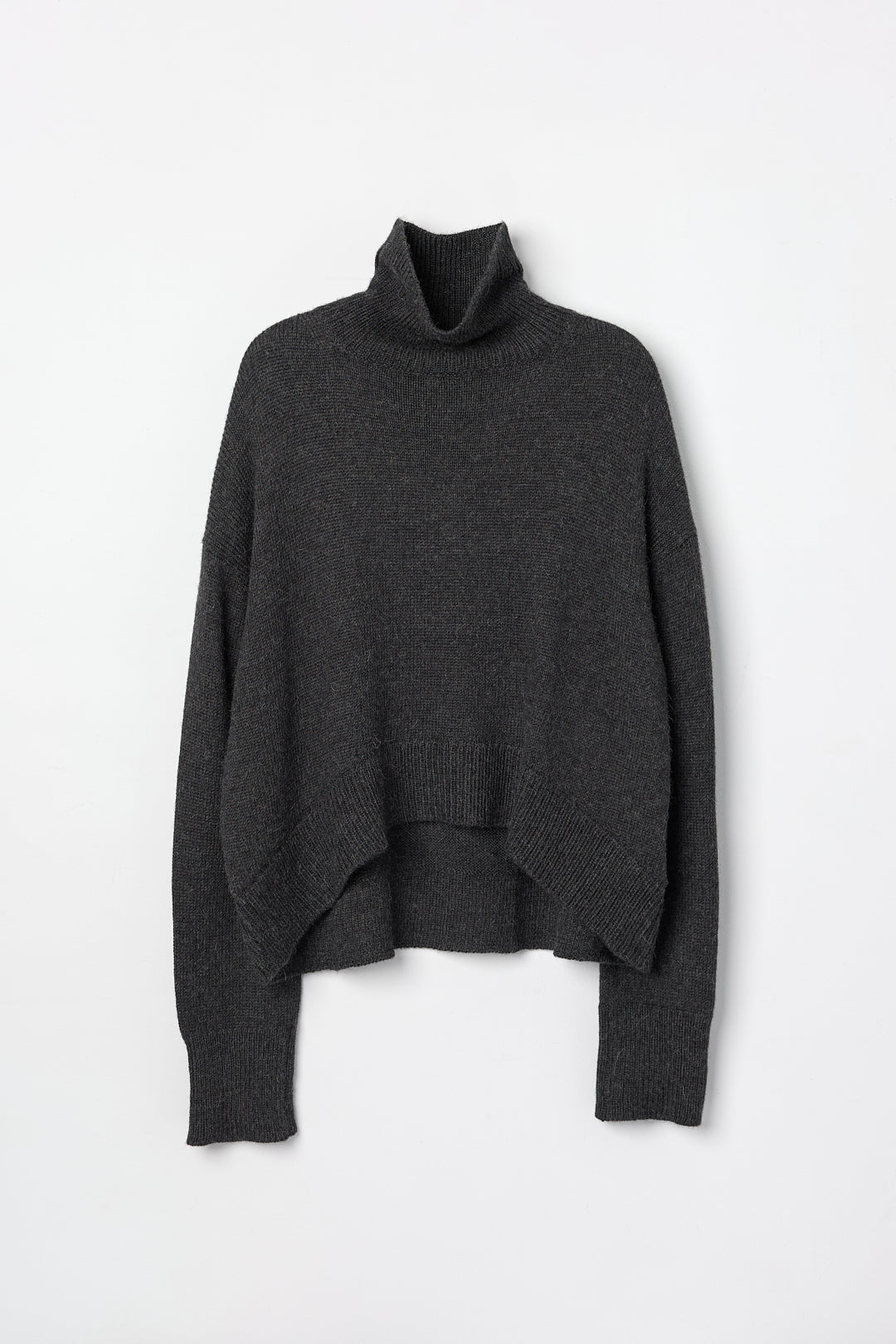 Cedar Sweater in Charcoal, oversized baby alpaca turtleneck sweater by Ahblo, flat lay