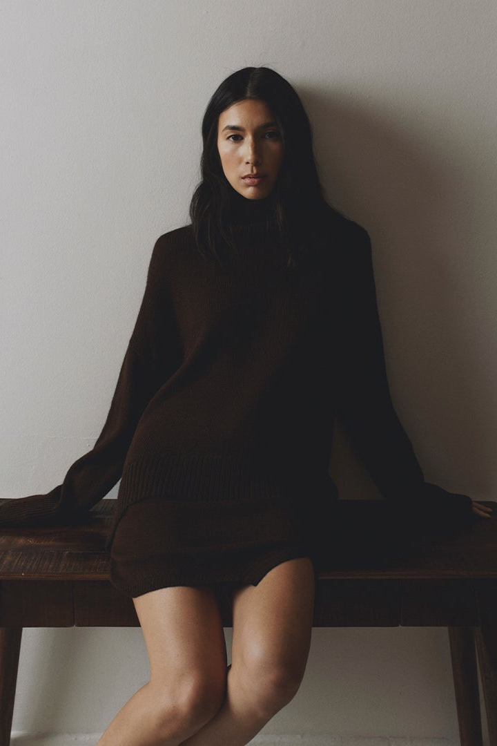 Cedar Sweater in Chocolate Brown, oversized baby alpaca turtleneck sweater by Ahblo, worn by model