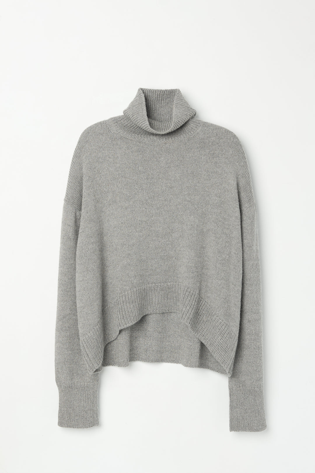 Cedar Sweater in Mist Grey, oversized baby alpaca turtleneck sweater by Ahblo, flat lay