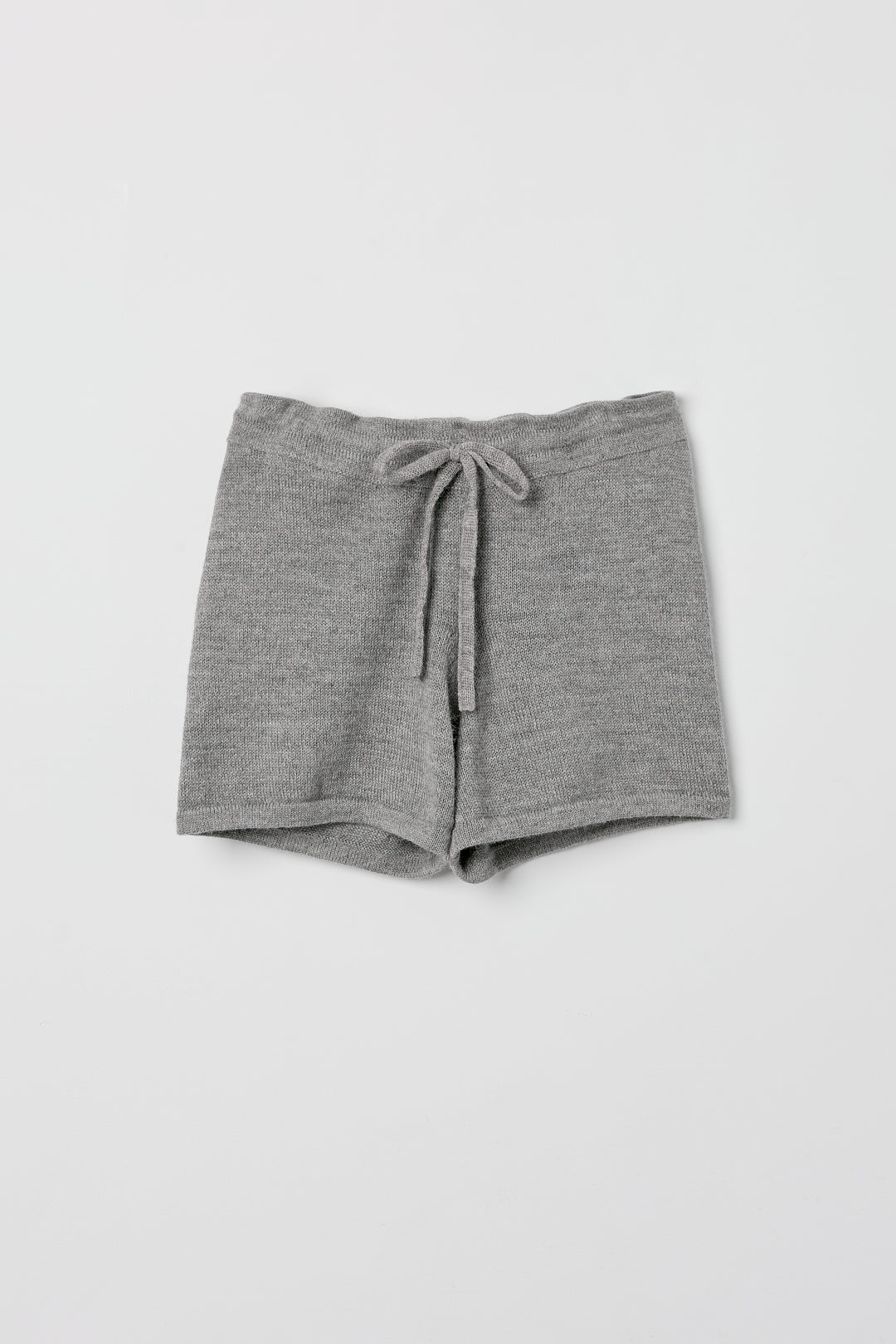 Cove Shorts in Mist Grey, baby alpaca knit shorts by Ahblo, flat lay