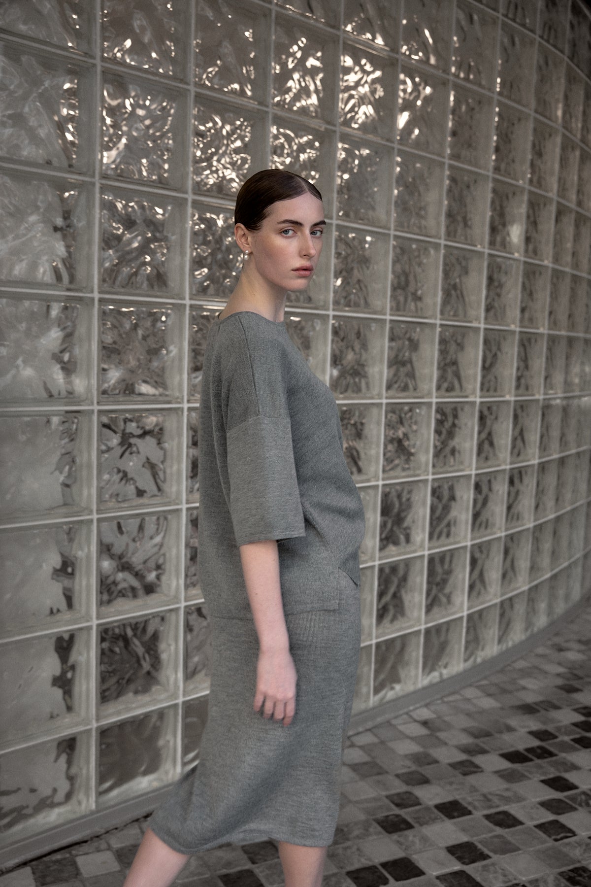 Elise Midi Skirt in Mist Grey, alpaca knit midi skirt by Ahblo, worn by model