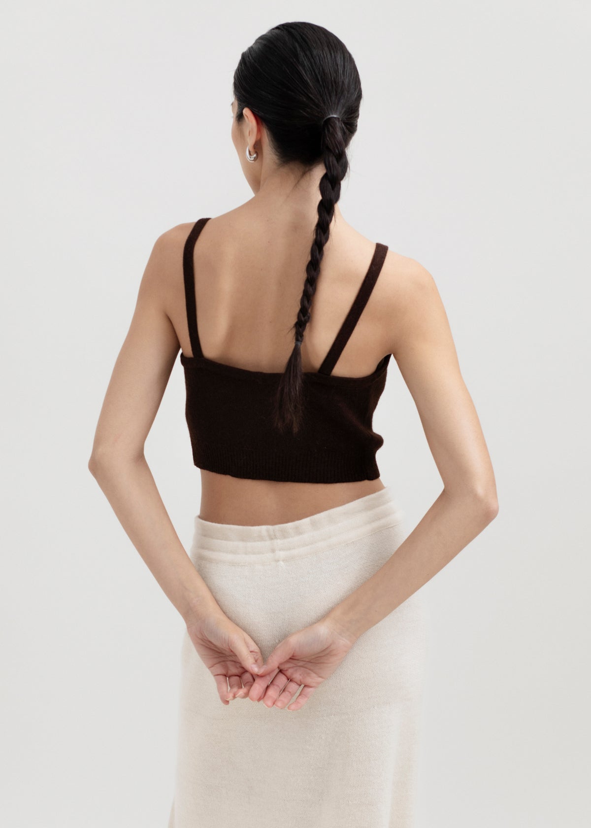 Halo Top in Chocolate Brown, alpaca knit cropped top by Ahblo, worn by model