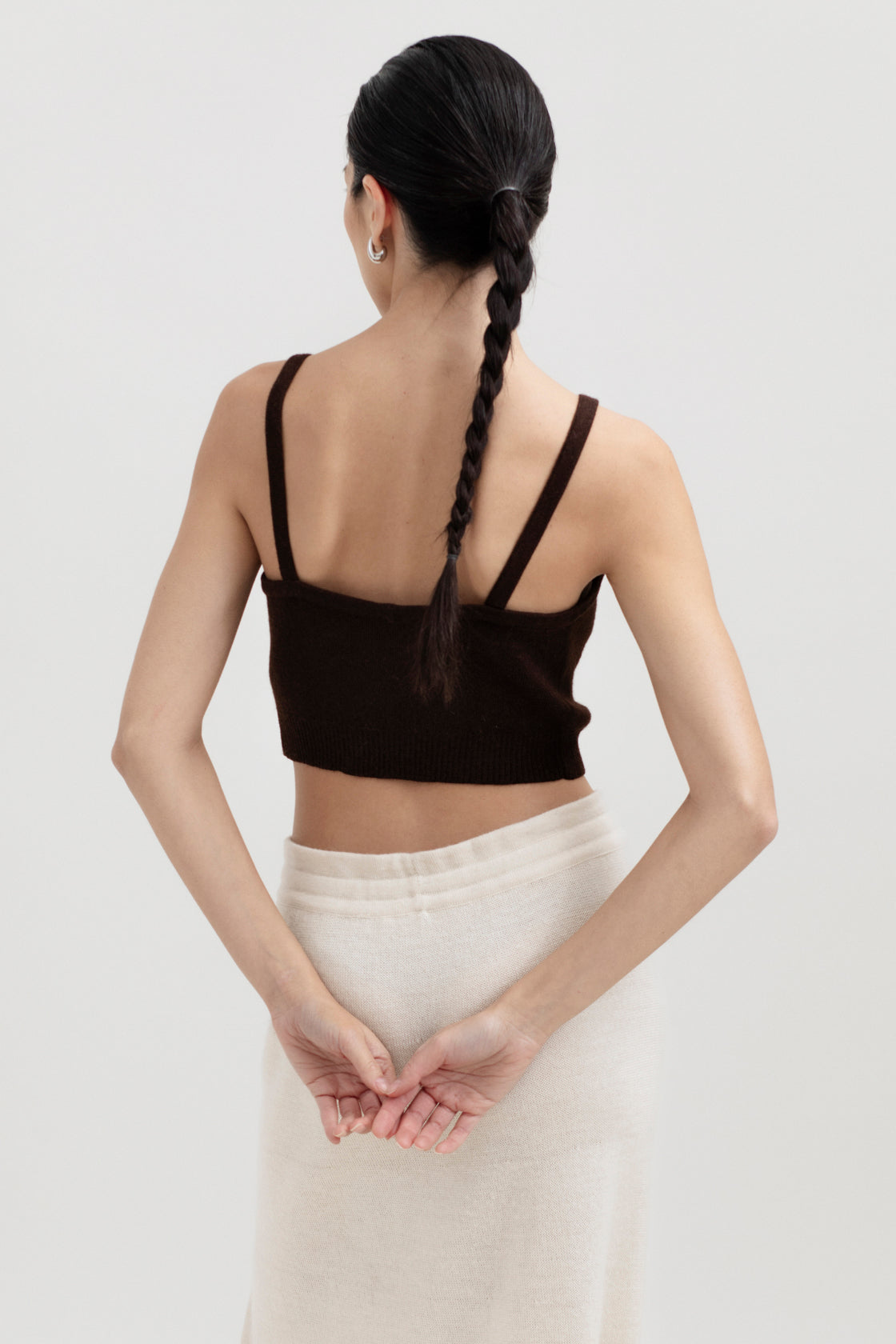 Halo Top in Chocolate Brown, alpaca knit cropped top by Ahblo, worn by model
