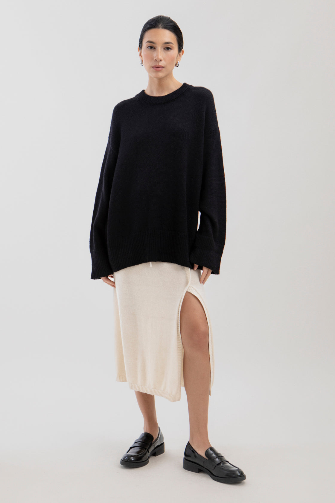 Haven Crew in Black, baby alpaca crew-neck sweater by Ahblo, worn by model