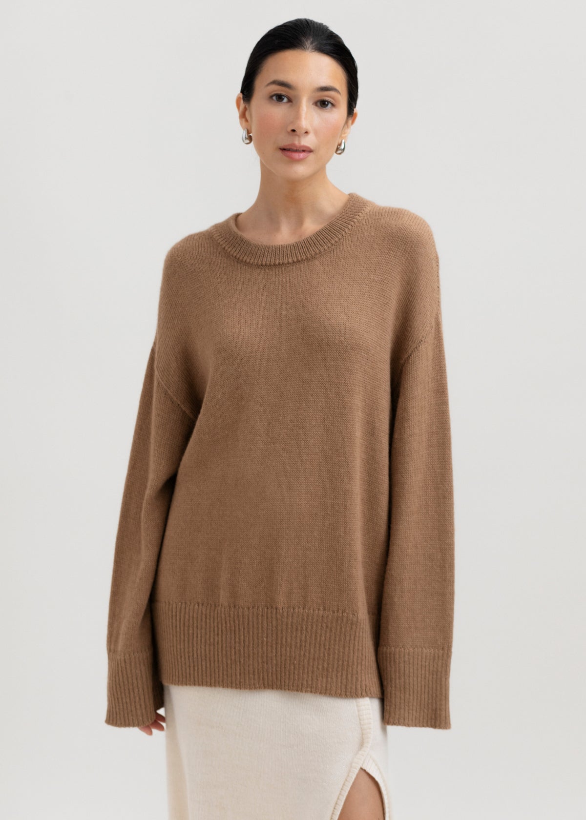 Haven Crew in Camel, baby alpaca crew-neck sweater by Ahblo, worn by model