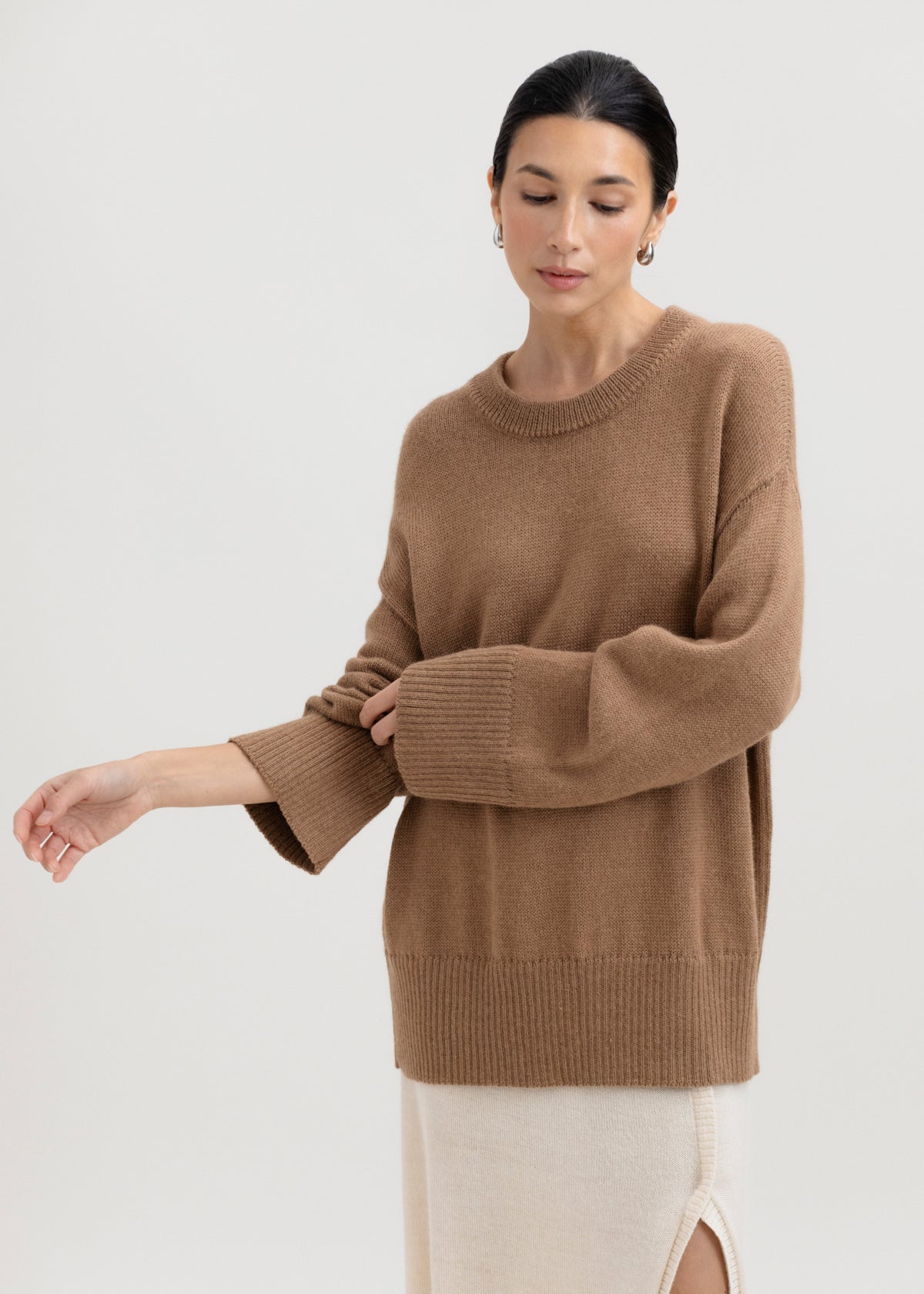 Haven Crew in Camel, baby alpaca crew-neck sweater by Ahblo, worn by model