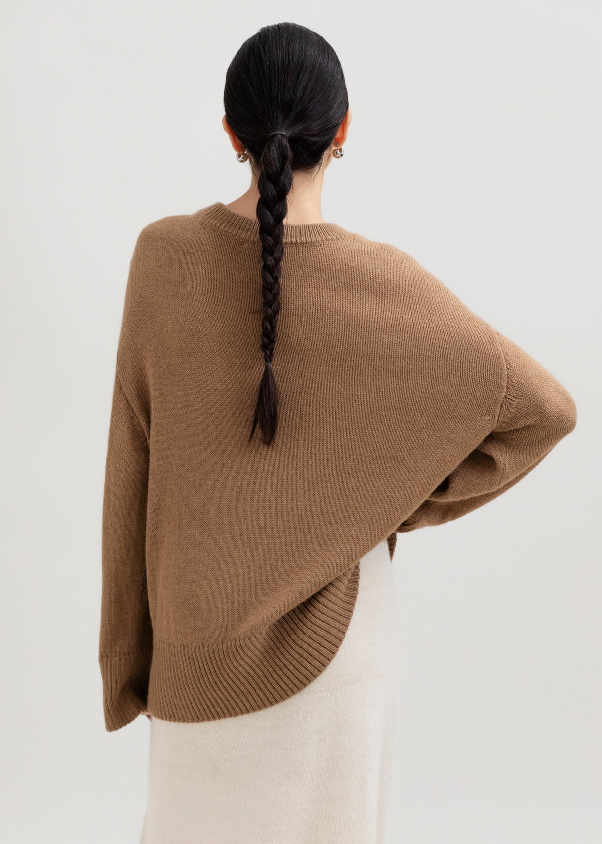 Haven Crew in Camel, baby alpaca crew-neck sweater by Ahblo, worn by model