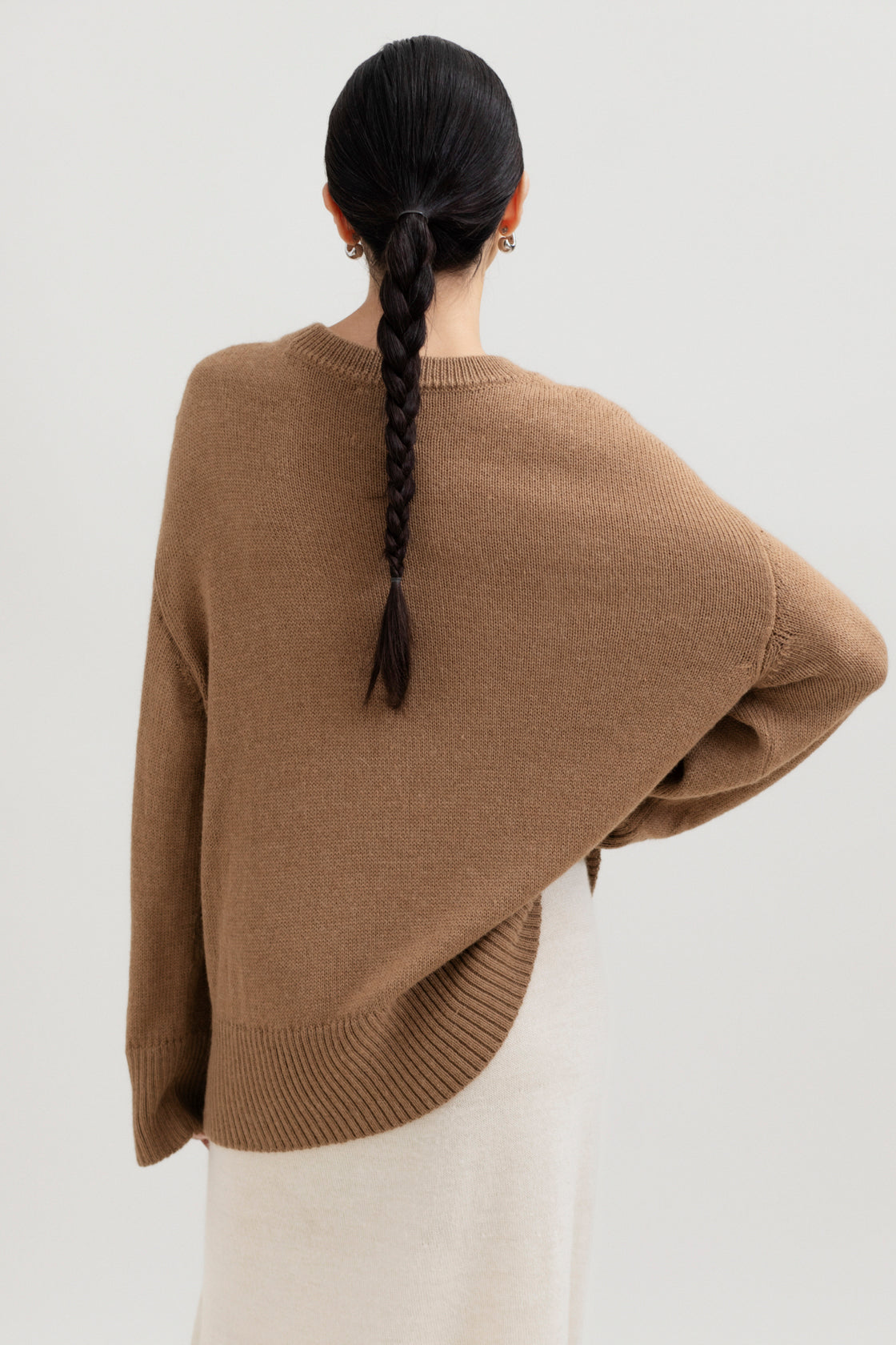 Haven Crew in Camel, baby alpaca crew-neck sweater by Ahblo, worn by model