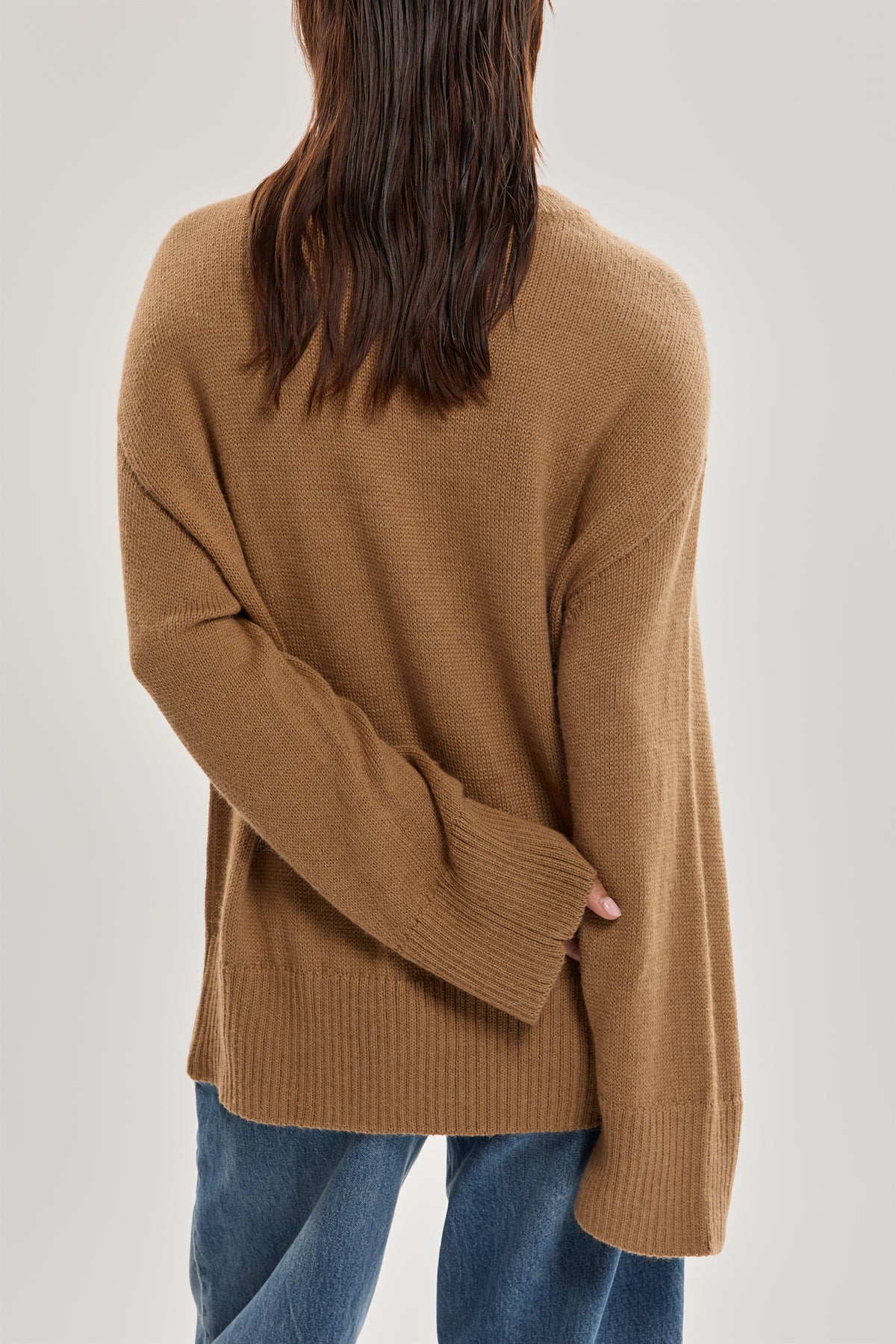 Haven Crew in Camel, baby alpaca crew-neck sweater by Ahblo, worn by model