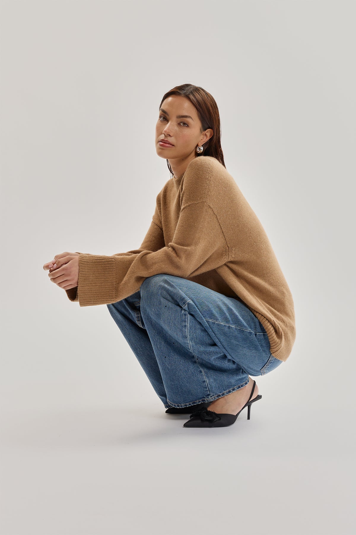 Haven Crew in Camel, baby alpaca crew-neck sweater by Ahblo, worn by model
