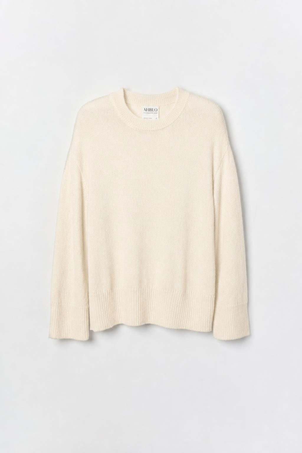 Haven Crew in Cream, baby alpaca crew-neck sweater by Ahblo, worn by model