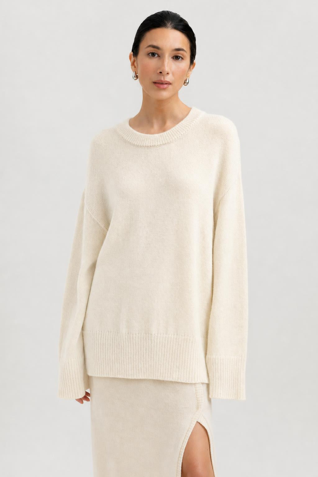 Haven Crew in Cream, baby alpaca crew-neck sweater by Ahblo, worn by model