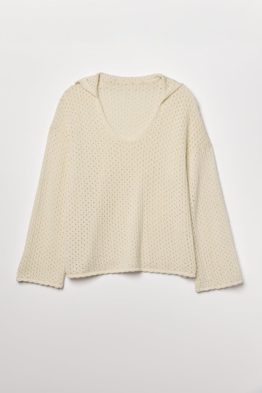 Haze Sweater in Cream, baby alpaca crochet-knit sweater by Ahblo, flat lay