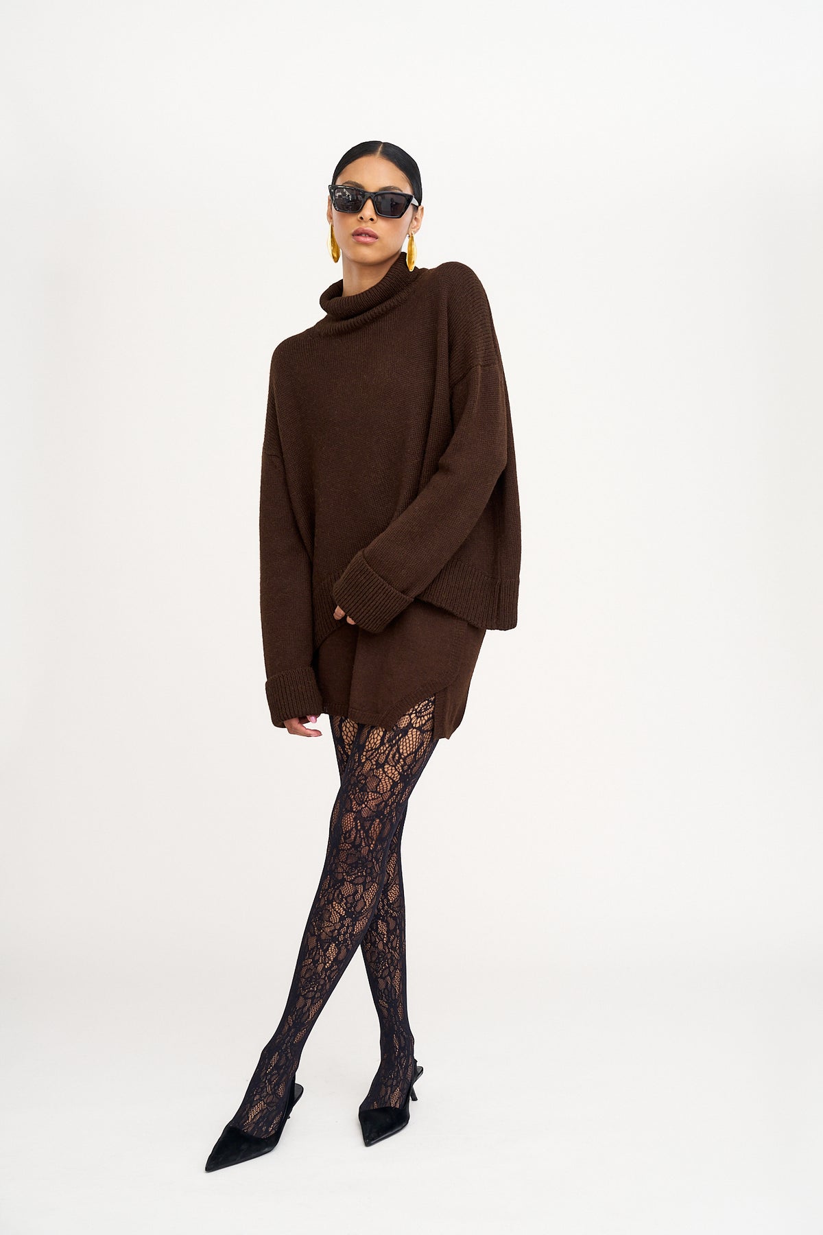 Lisa Mini Skirt in Chocolate Brown, baby alpaca jersey mini skirt by Ahblo, worn by model