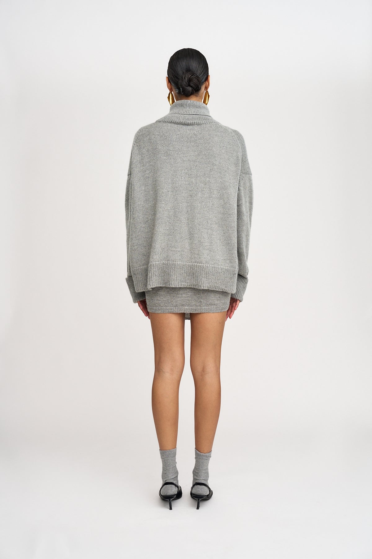 Lisa Mini Skirt in Mist Grey, baby alpaca jersey mini skirt by Ahblo, back view