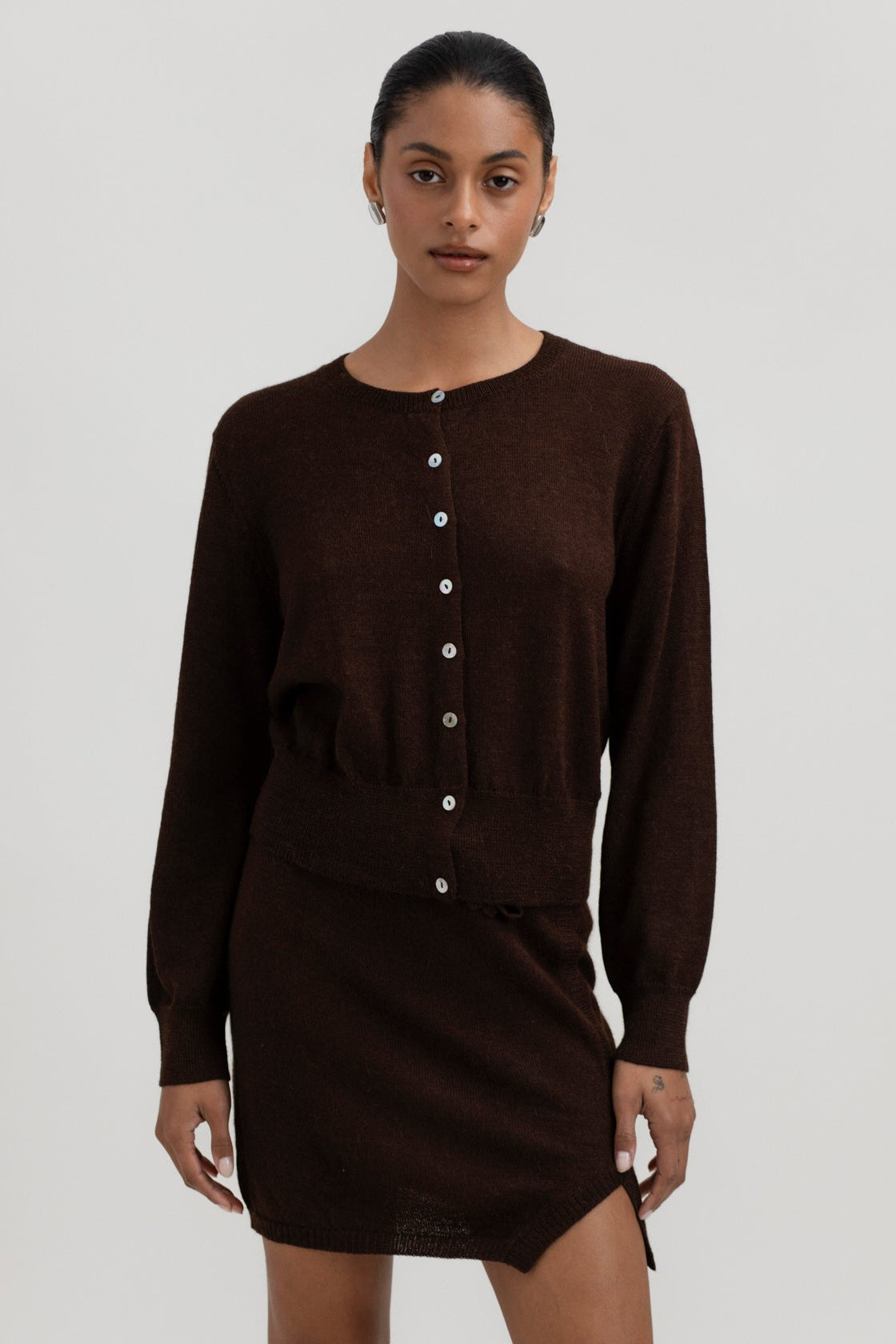 Lulu Cardigan in Chocolate Brown, alpaca cardigan by Ahblo, worn by model