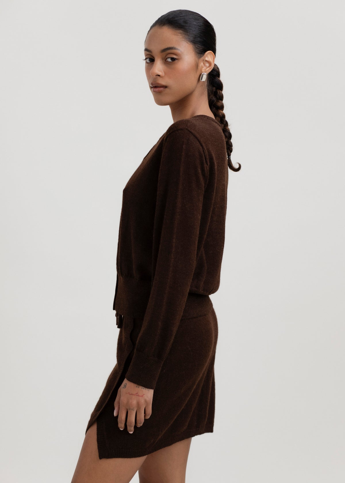 Lulu Cardigan in Chocolate Brown, alpaca cardigan by Ahblo, worn by model