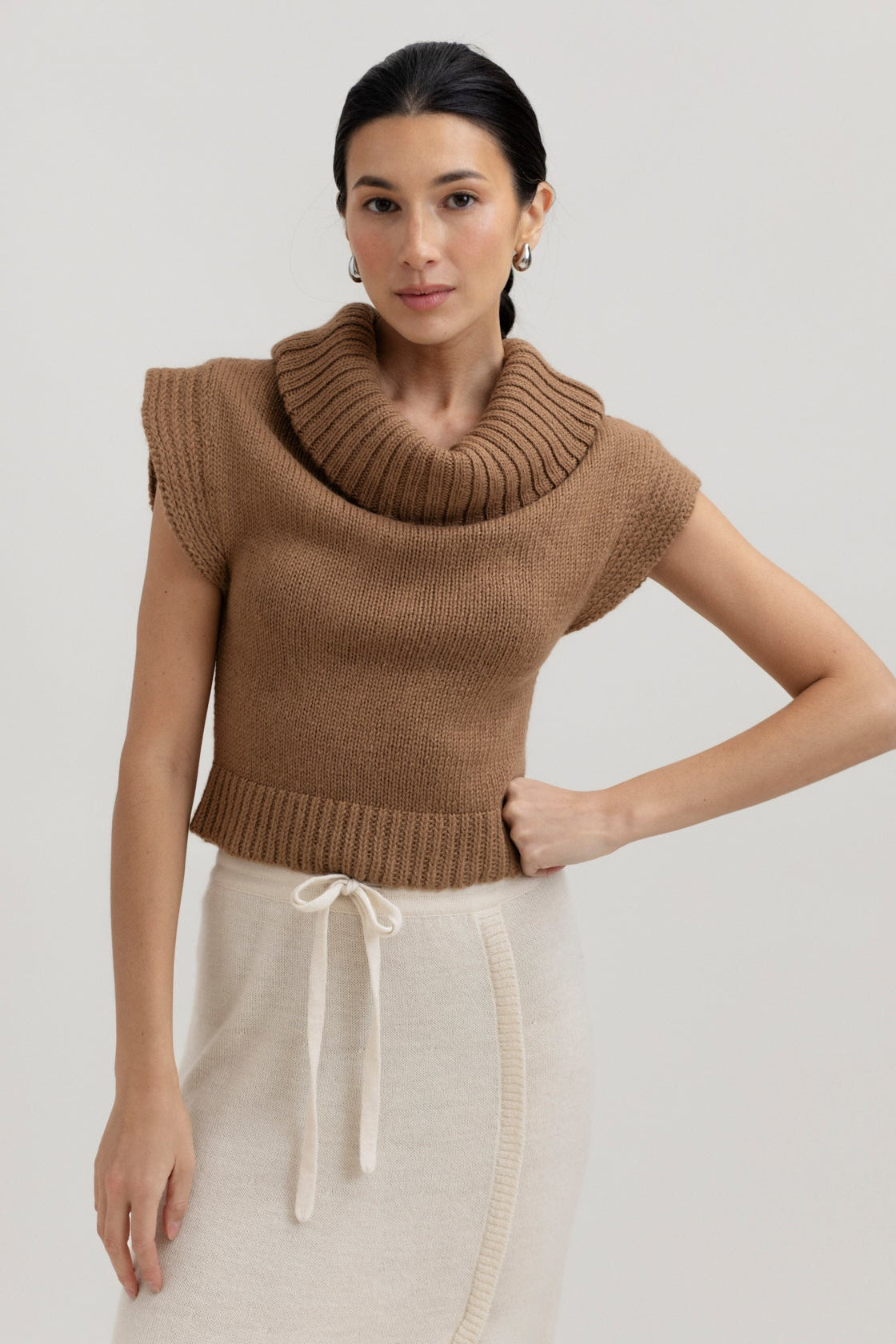 Luna Top in Caramel, baby alpaca knit top by Ahblo, worn by model
