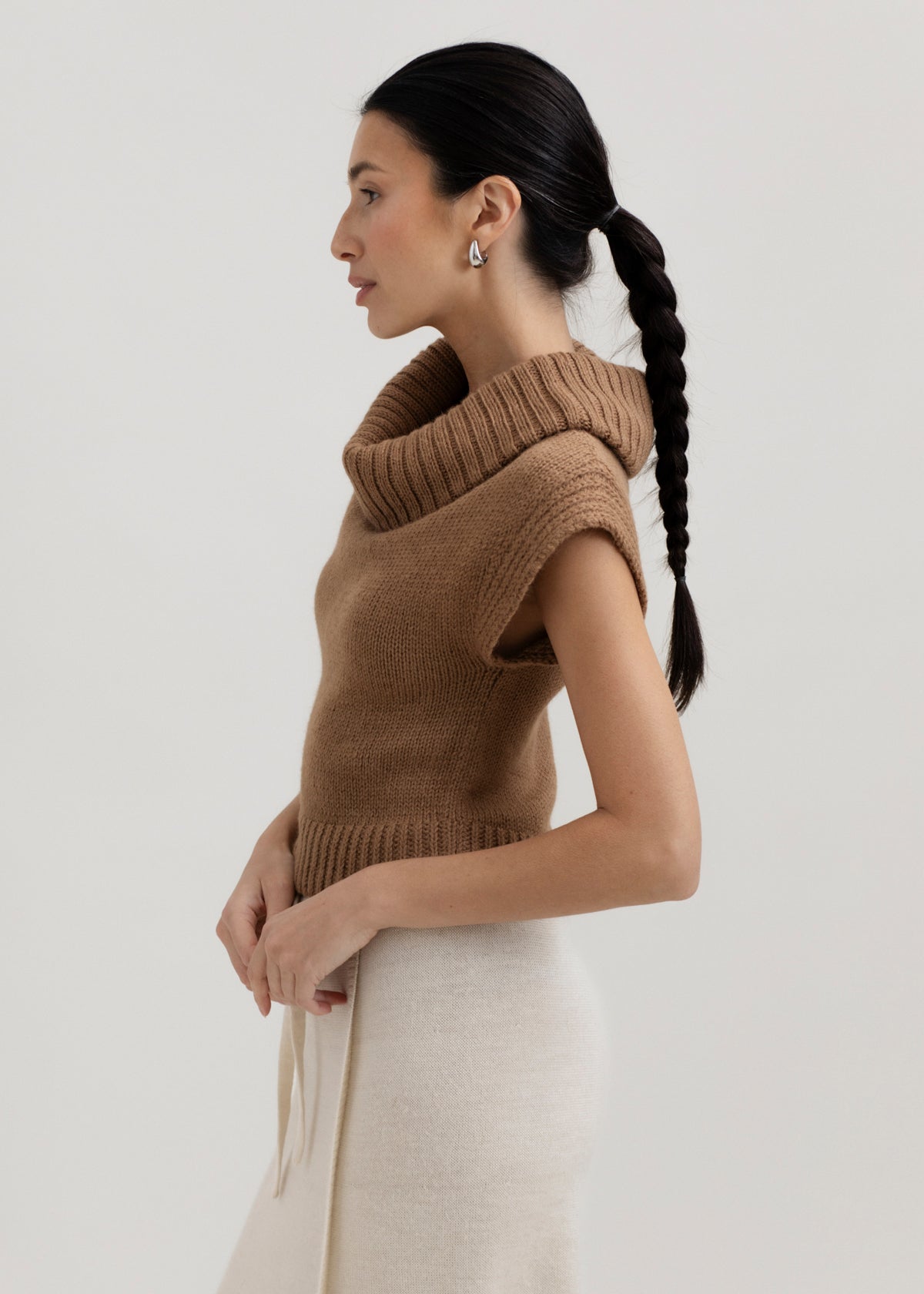 Luna Top in Caramel, baby alpaca knit top by Ahblo, worn by model